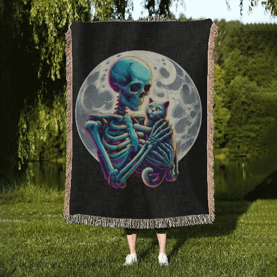Skeleton Cute Cat Skull Kitty Halloween Woven Blankets