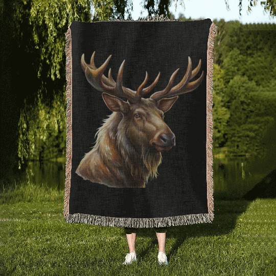 Elk head with antlers Woven Blankets