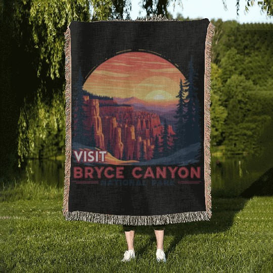 Bryce Canyon National Park Retro Illustraion V 01 Woven Blankets