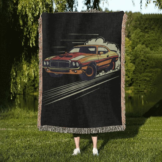 Classic Muscle Car in Action Woven Blankets