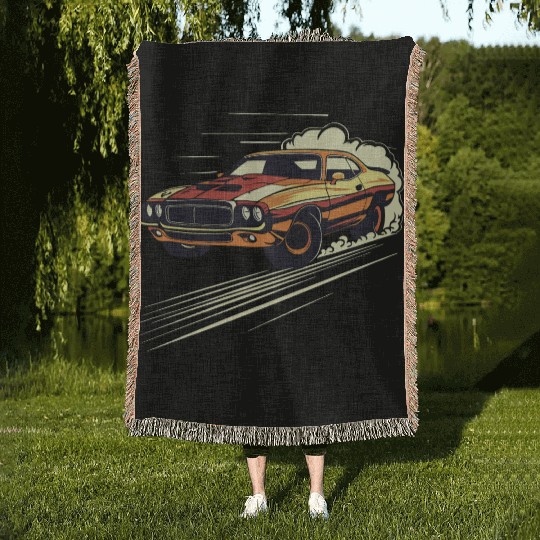 Classic Muscle Car in Action Woven Blankets