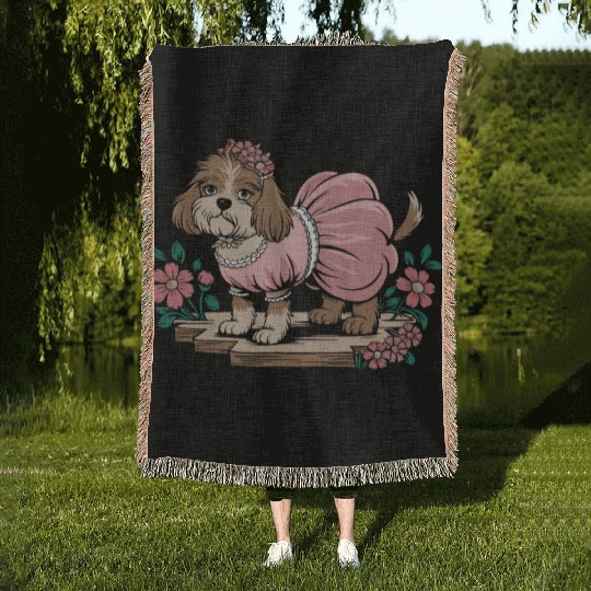 Cottagecore Dog in Pink Dress with Flowers Woven Blankets
