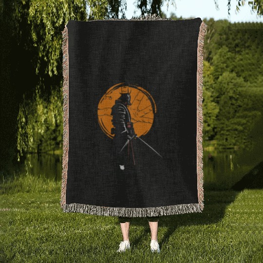 samurai with his sword Woven Blankets
