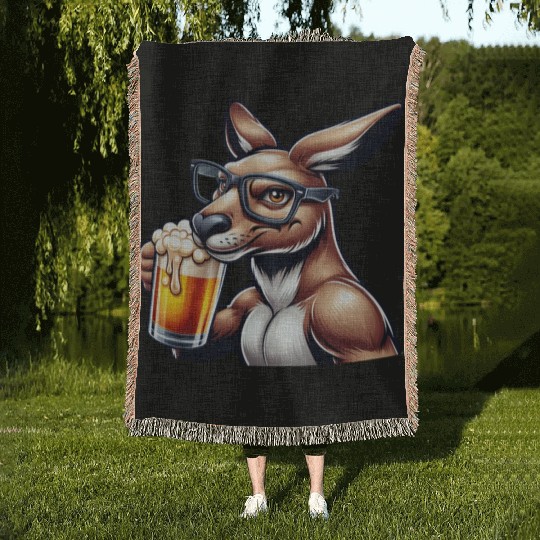 Kangaroo with Glasses Drinking Beer Woven Blankets
