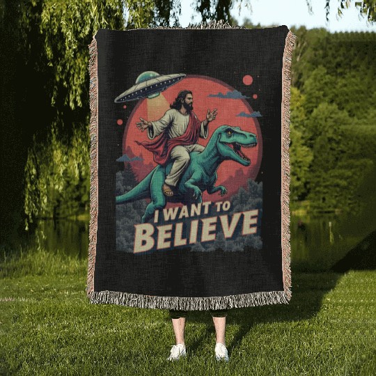 Jesus Riding a Dinosaur with UFO - I Want to Belie Woven Blankets