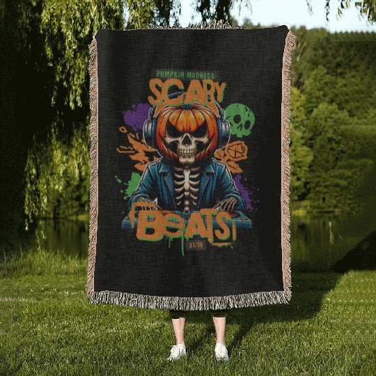 Pumpkin Madness Scary Beats Halloween DJ Design Woven Blankets