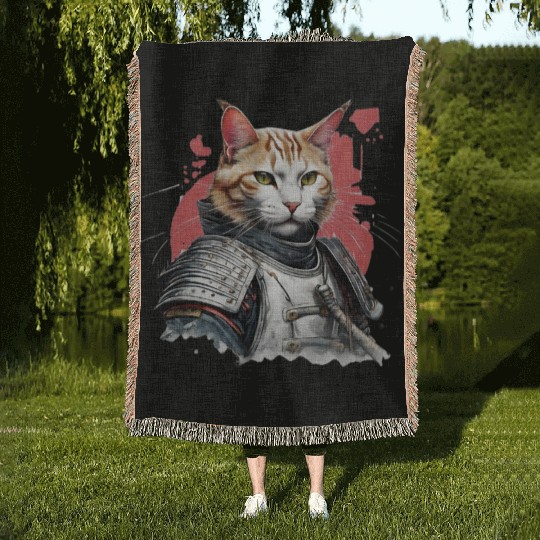 Samurai Cat in Armor Woven Blankets