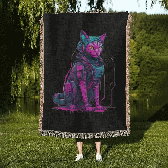 Cyber Warrior Cat Woven Blankets