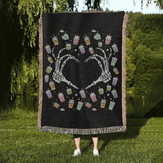 Skeletal Embrace: A Bubble Tea Love Story Woven Blankets
