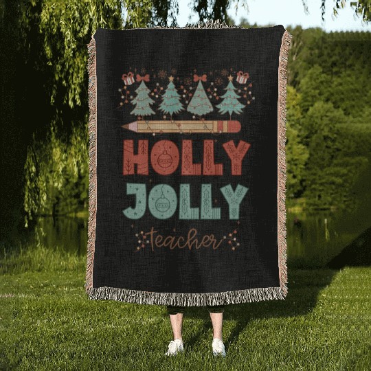 Retro Holly Jolly Teacher Christmas Woven Blankets