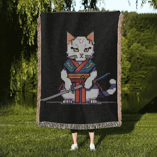 Pixel Samurai Cat Warrior Woven Blankets