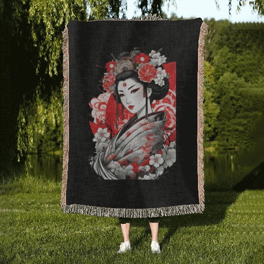 Elegant Geisha with Floral Kimono Woven Blankets