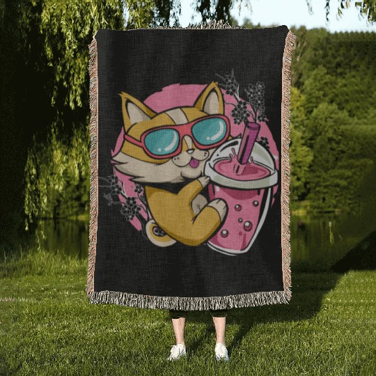 Kitten Kawaii Boba Milk Tea Drinking Cat Woven Blankets