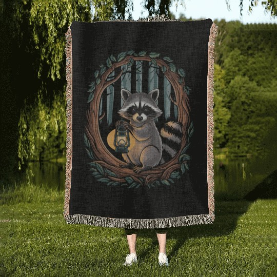 Cottagecore Raccoon Lantern in enchanting Forest Woven Blankets