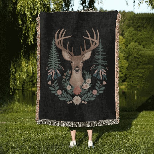 Cottagecore Deer with Floral Wreath and Evergreen Woven Blankets
