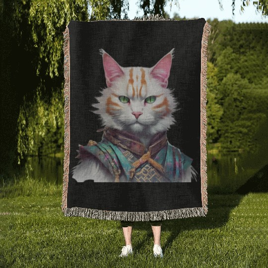 Samurai Cat Guardian Woven Blankets