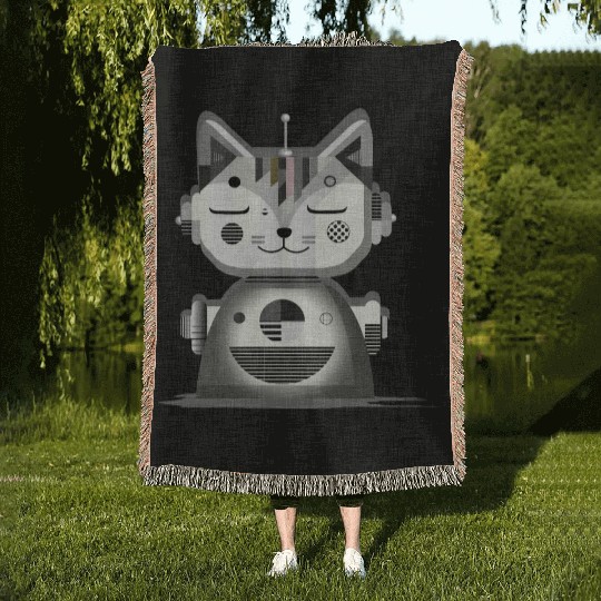 Geometric Robot Cat - Creative Illustration Woven Blankets