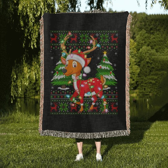 Deer Santa Hat Ugly Christmas Tree Lights Woven Blankets