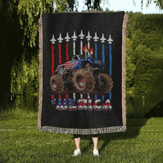 Merica Monster Truck US Flag Woven Blankets