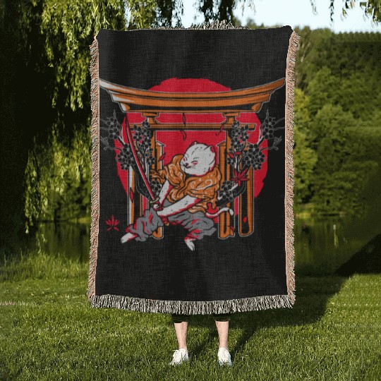 Kanji Japan Katana Ninja Cat Samurai Woven Blankets