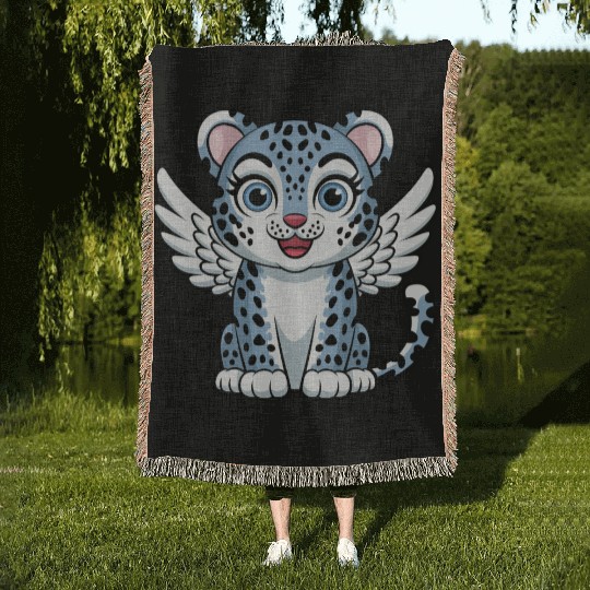 Blue tiger cat with angel wings dreamlike Woven Blankets