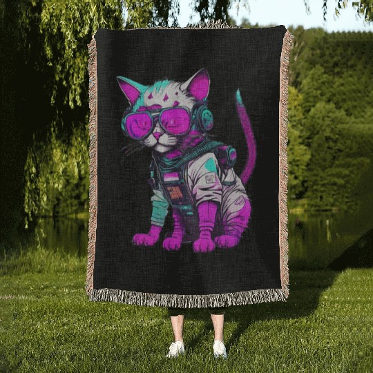 Punk Space Cat with Neon Goggles Woven Blankets