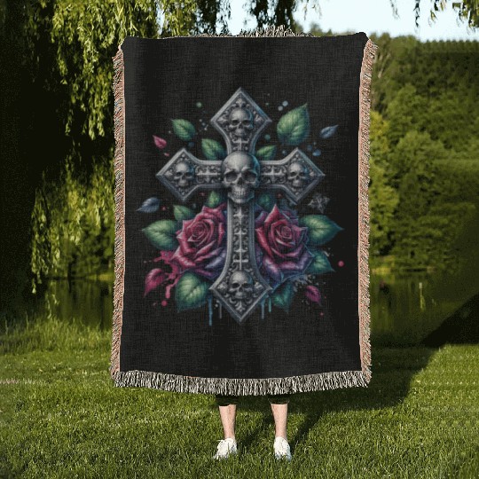 Gothic Collection - Cross, Skulls & Red Roses Woven Blankets
