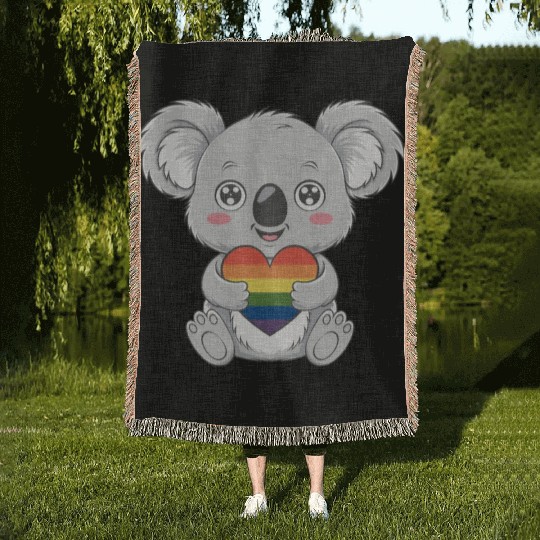 Cute Koala Holding Rainbow Heart LGTBQ Pride Woven Blankets
