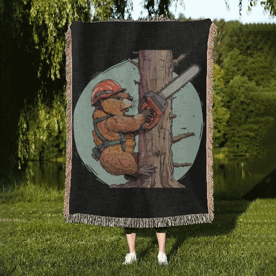 Beaver Lumberjack Chainsaw Woven Blankets