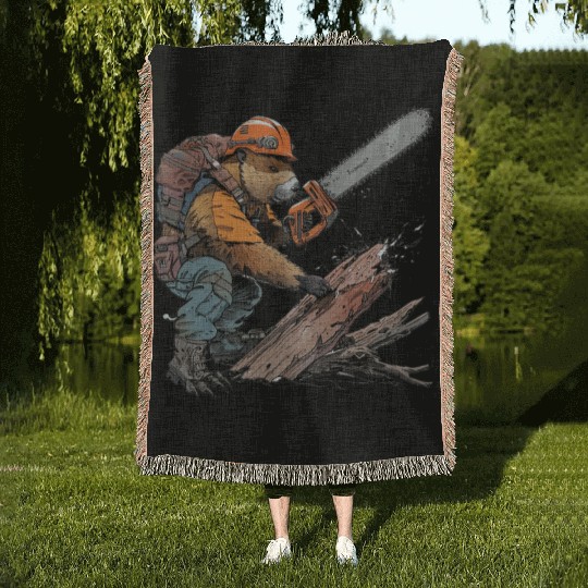 Beaver Lumberjack Chainsaw Woven Blankets