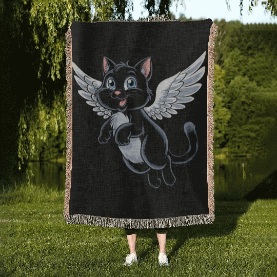 Black Cat with Angel Wings Woven Blankets