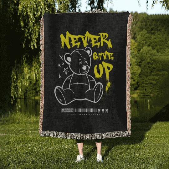 Teddy Bear "Never Give Up" Woven Blankets