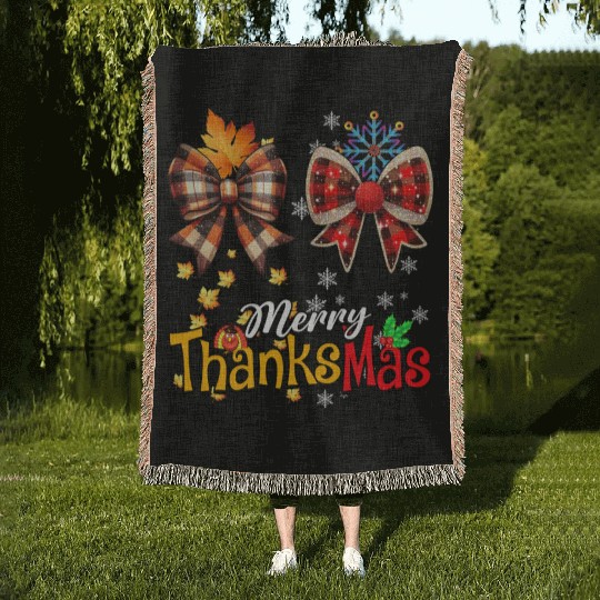 Merry Thanksmas plaid Coquette Bow Christmas Plaid Woven Blankets