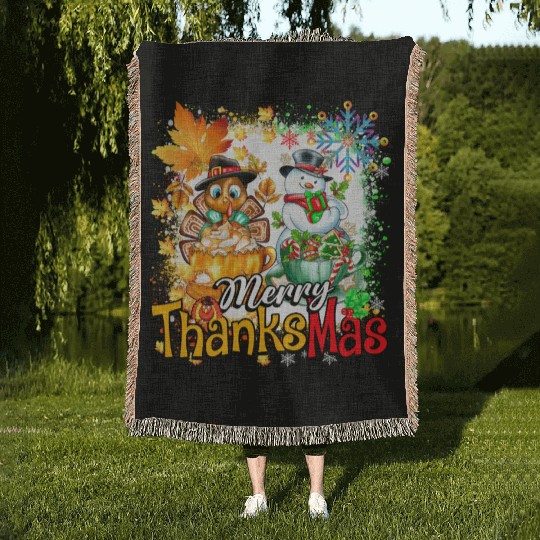 Merry Thanksmas Turkey Snowman Coffee latte cup Woven Blankets