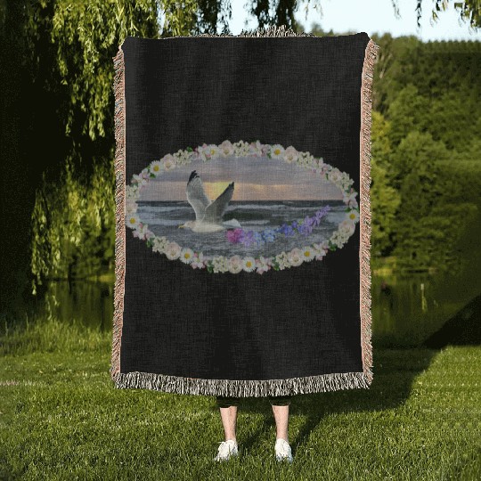 sea beach sunset seagull kitsch flashy magic Woven Blankets