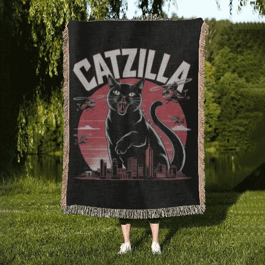 Catzilla Attacks City Design Woven Blankets