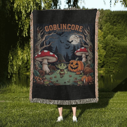Halloween goblincore enchanted forest goblin Woven Blankets