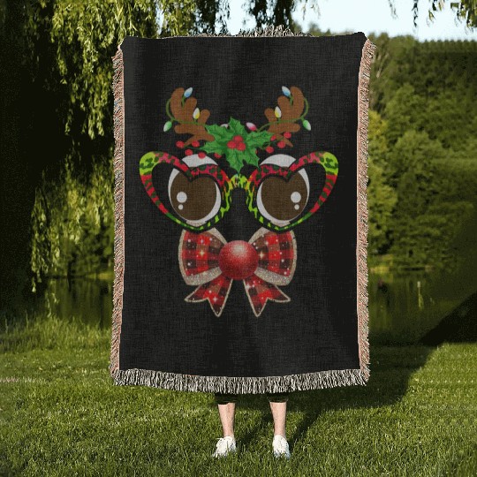 Coquette Bow Reindeer Face Christmas Sunglasses Woven Blankets
