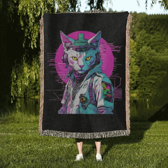 Neon Cyberpunk Warrior Cat Woven Blankets