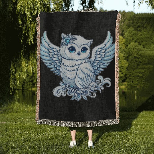 Cute snowy owl blue eyes angel wings cartoon Woven Blankets