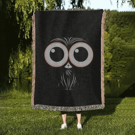 Whimsical Big-Eyed Black Cat – Surreal Feline Art Woven Blankets