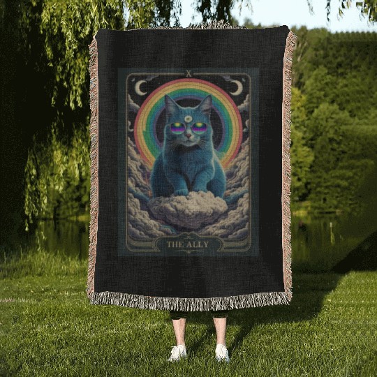 tarot card the alley blue cat rainbow sunglasses Woven Blankets
