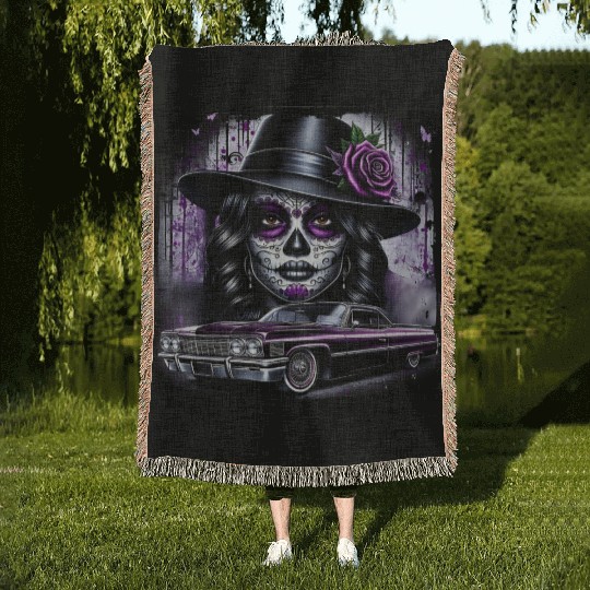 lowrider catrina Sugar skull Woven Blankets