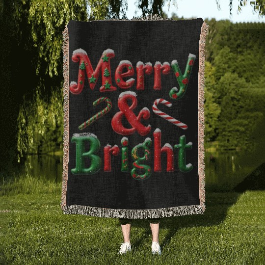 Merry and Bright Christmas Typography Woven Blankets