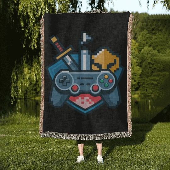 Gaming Logo – Pixel Art Controller and Sword Woven Blankets