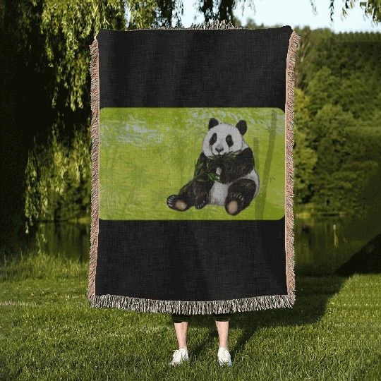 Cute panda bear with bamboo - design for kids Woven Blankets