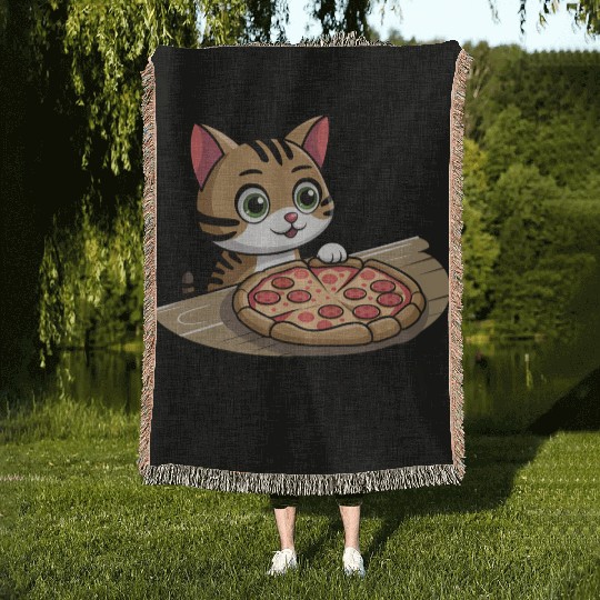 Pizza lover cat Woven Blankets