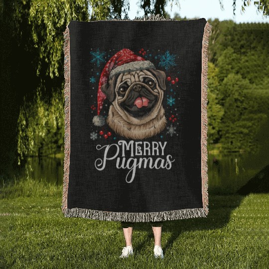 merry pugmas santa christmas pug Woven Blankets