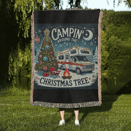 campin around christmas tree final correct Woven Blankets
