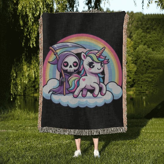 Cute Reaper And Unicorn Rainbow Woven Blankets